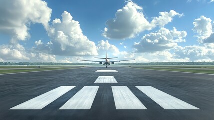 Poster - Runway perspective with a plane taxiing in the background.