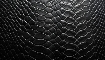 Poster - Closeup view of black leather material. Reptilian texture mimics snake skin dragon scales. Dark tones create elegant, luxurious design. High-quality material ideal for fashion items wallpaper.