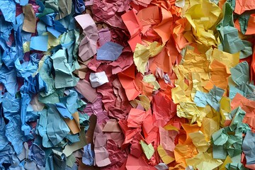 Aufkleber - Dynamic and disordered backdrop made up of ripped and wrinkled colorful paper, creating an abstract and textured arrangement