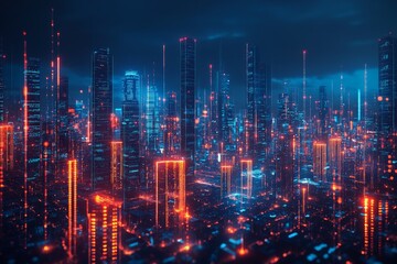 Aufkleber - Futuristic city skyline illuminated by vibrant neon lights at night