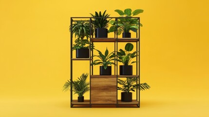 Poster - An industrial plant stand with a sturdy metal frame and wooden shelves on a vibrant yellow background.