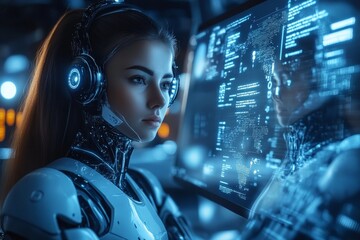 Aufkleber - Futuristic humanoid robot interacts with advanced technology in a high-tech environment