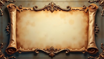 Leinwandbilder - Aged scroll with ornate gold border. Antique paper texture. Elegant vintage style. Blank space for text design. Detailed decorative elements. Victorian baroque design inspiration. Vintage invitation
