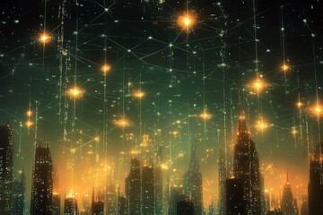 Poster - City skyline illuminated by sparkling lights at dusk with a digital network overlay