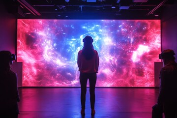 Aufkleber - Virtual reality experience in a modern exhibition space with colorful visual effects displayed on a large screen