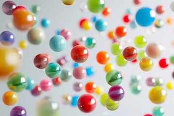 Poster - Vibrant glass marbles drifting and dropping on a soft gray backdrop
