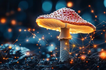Aufkleber - Glowing red mushroom illuminated by soft lights in a dark forest setting