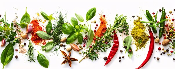 Aufkleber - Vibrant and aromatic culinary arrangement of fresh herbs and spices on a white background