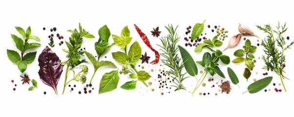 Poster - Vibrant border of fresh herbs and spices arranged on a white surface