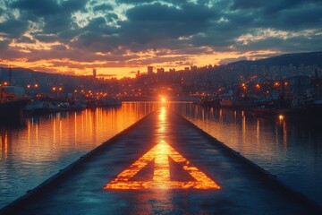 Poster - Stunning sunset over a vibrant harbor with glowing reflections and city skyline in the background