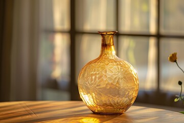 Poster - Amber glass vase on a wooden table, glistening in the sunlight coming through the window
