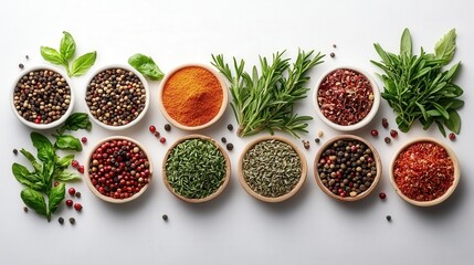 Canvas Print - A vibrant display of various spices and herbs in bowls arranged on a clean surface