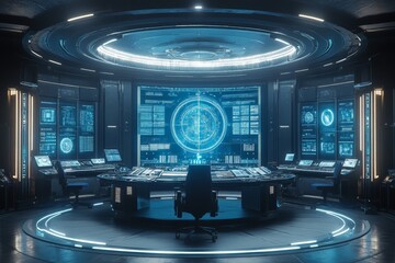 Aufkleber - High-tech control room featuring advanced screens and consoles at a futuristic facility