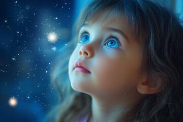 Poster - Child gazes up in wonder at a starry night sky filled with twinkling stars and cosmic beauty