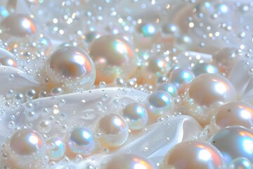 Poster - Close-up of numerous exquisite pearls glistening on a bed of white silk