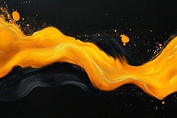 Aufkleber - Bright yellow abstract painting with smooth flowing lines and dynamic splashes against a dark background