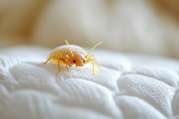 Poster - Small yellow bug crawls across a textured surface in a close-up view highlighting its features during daylight hours