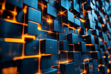 Fototapete - Colorful cubic pattern with glowing elements in a dark environment creating a dynamic visual effect