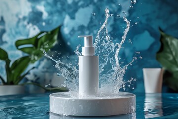 Aufkleber - water splashes around a white bottle on a circular stand in a serene bathroom setting with blue back