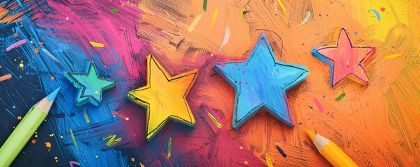 Aufkleber - Vibrant painted stars and pencils resting on a brightly colored surface