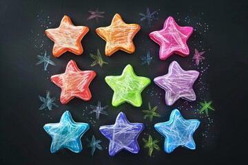 Poster - Nine colorful christmas ornaments in star shape lying on a dark background with hand drawn snowflakes