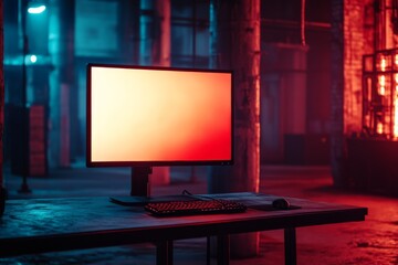 Poster - Dimly lit industrial space featuring a computer monitor with an orange gradient screen
