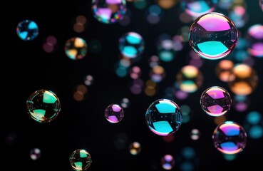 Poster - Colorful soap bubbles float against black background. Beautiful vibrant colors reflect light. Abstract shapes create fantasy scene. Floating soap bubbles abstract visual art. Bubbles iridescent,