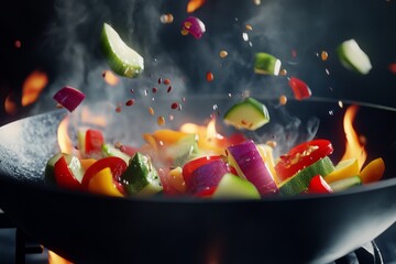 Colorful vegetables sizzling in a wok with flames and steam. Сoncept of healthy eating and weight loss