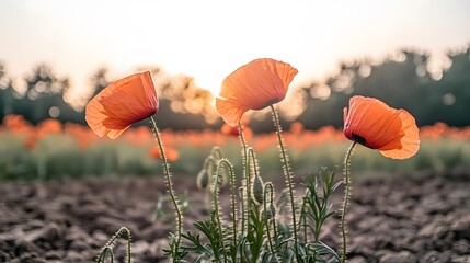 Wall Mural - Three Orange Poppies Sunset Field Summer Bloom