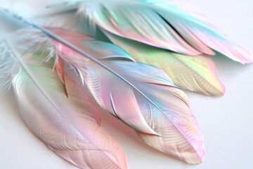 Poster - Close-up of shimmering pastel feathers resting against a white backdrop