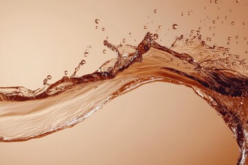Poster - Beautiful splash of clear liquid with vibrant droplets against a warm background during a studio photoshoot