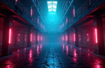 Poster - Futuristic industrial space. Neon lights paint interior in vibrant colours. Rave party atmosphere. Warehouse factory transformed. Dark, vibrant. Techy design. Energy, excitement. Urban scenery.