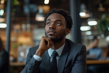 Poster - Thoughtful man in formal attire reflects on ideas in modern office setting during daylight