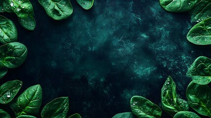 Poster - Vibrant Green Spinach Leaves Frame on Dark Background