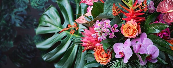 Aufkleber - Vibrant flower arrangement featuring orchids, roses, and tropical blooms in beautiful colors