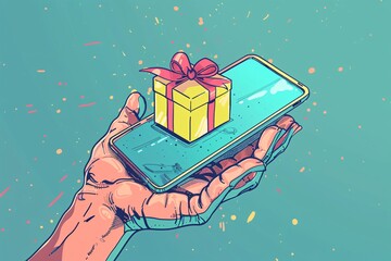 Aufkleber - Smartphone holding hand with gift box emerging from screen