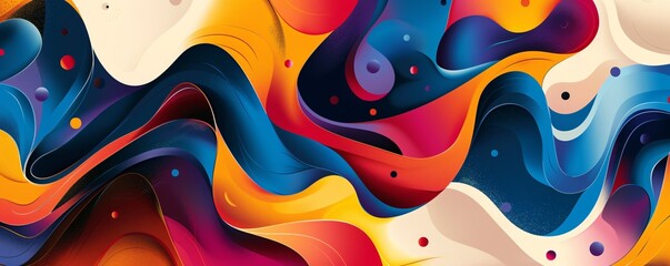 Poster - Dynamic wavy shapes on abstract colorful background seamlessly flowing and merging, evoking fluidity and motion