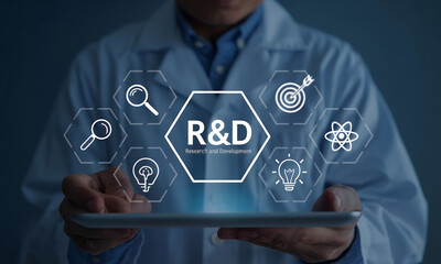 Poster - Innovation: Research & Development Concept. Person holding tablet showcasing virtual icons representing scientific and business research, highlighting various  