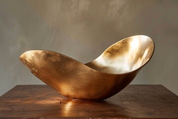 Poster - Golden bowl sits empty on a wooden table, illuminated by the light