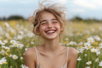 Wall Mural - Joyful girl laughing in a field of wildflowers during a sunny afternoon in summer