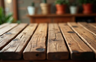 Fototapete - Rustic wooden table top with blurred background. Closeup view shows wood grain, texture. Natural light, shadows highlight wooden planks. Suitable for product display or background for design projects.