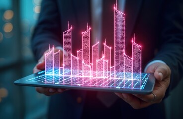 Poster - Person holds tablet displaying virtual neon hologram interface. Futuristic modern building residence construction project visualized. Interactive design software shows urban skyscraper blueprint.