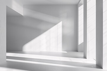 Aufkleber - Minimal white empty architectural space with sunlight casting geometric shadows from large windows