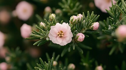 Canvas Print - Delicate Pink Flowers Blooming on Green Bush Macro Photography