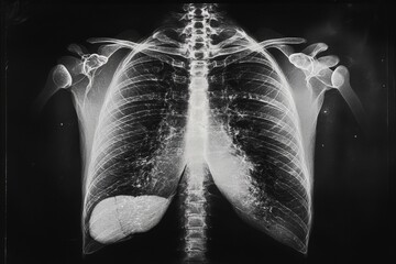 Poster - X-ray showing human chest with lungs and spine in detail captured in a clinical setting