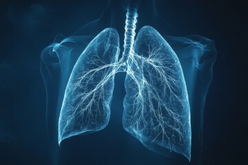 Poster - Detailed illustration of human lungs showcasing intricate network of bronchi and blood vessels in vivid blue light