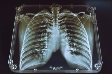 Poster - Detailed view of human chest x-ray highlighting lungs and rib structure in a clinical setting
