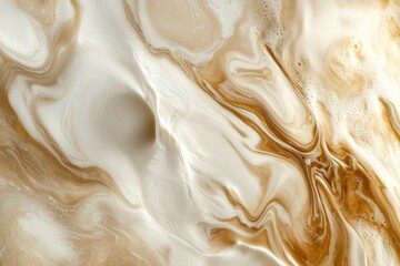 Poster - Beige and white acrylic paints mixing, swirling together, creating a dynamic abstract composition with intriguing shapes and textures, suitable for backgrounds and design elements
