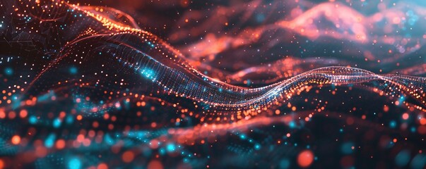 Aufkleber - Orange and blue abstract particles flow through cyberspace, forming a futuristic and tech-inspired backdrop
