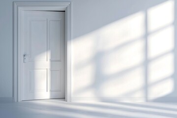 Poster - Sunlight streams through a window, casting shadows on a wall in an empty room with a white open door, creating a bright and airy atmosphere